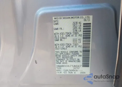 2015 Nissan Frontier Sl/Sv z USA, uszkodzony, nr VIN 1N6AD0FV5FN758047